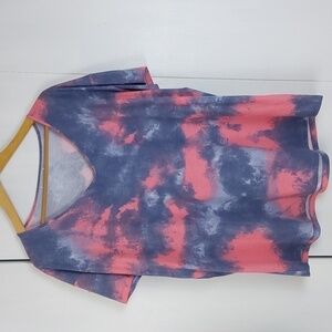 Boutique Womens Bluish Gray Coral pink Tie DYE Shortsleeve Top Vneck boho Sz.XL